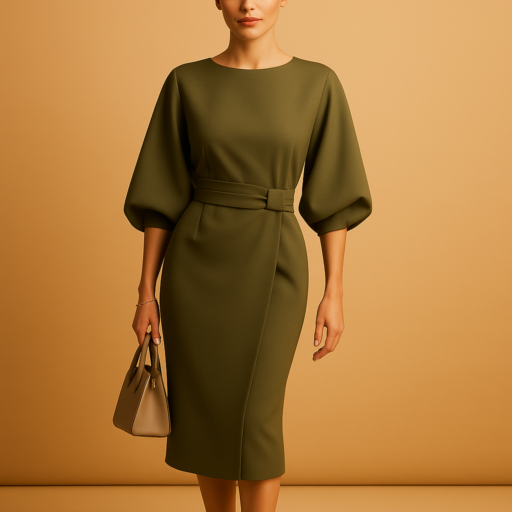 Elegant A-line midi dress for women with flowy sleeves and waist belt, perfect for office wear, dinners, and semi-formal occasions.
