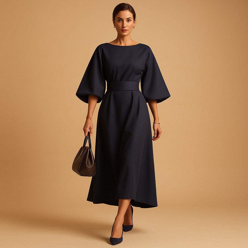 Elegant A-line midi dress for women with flowy sleeves and waist belt, perfect for office wear, dinners, and semi-formal occasions.