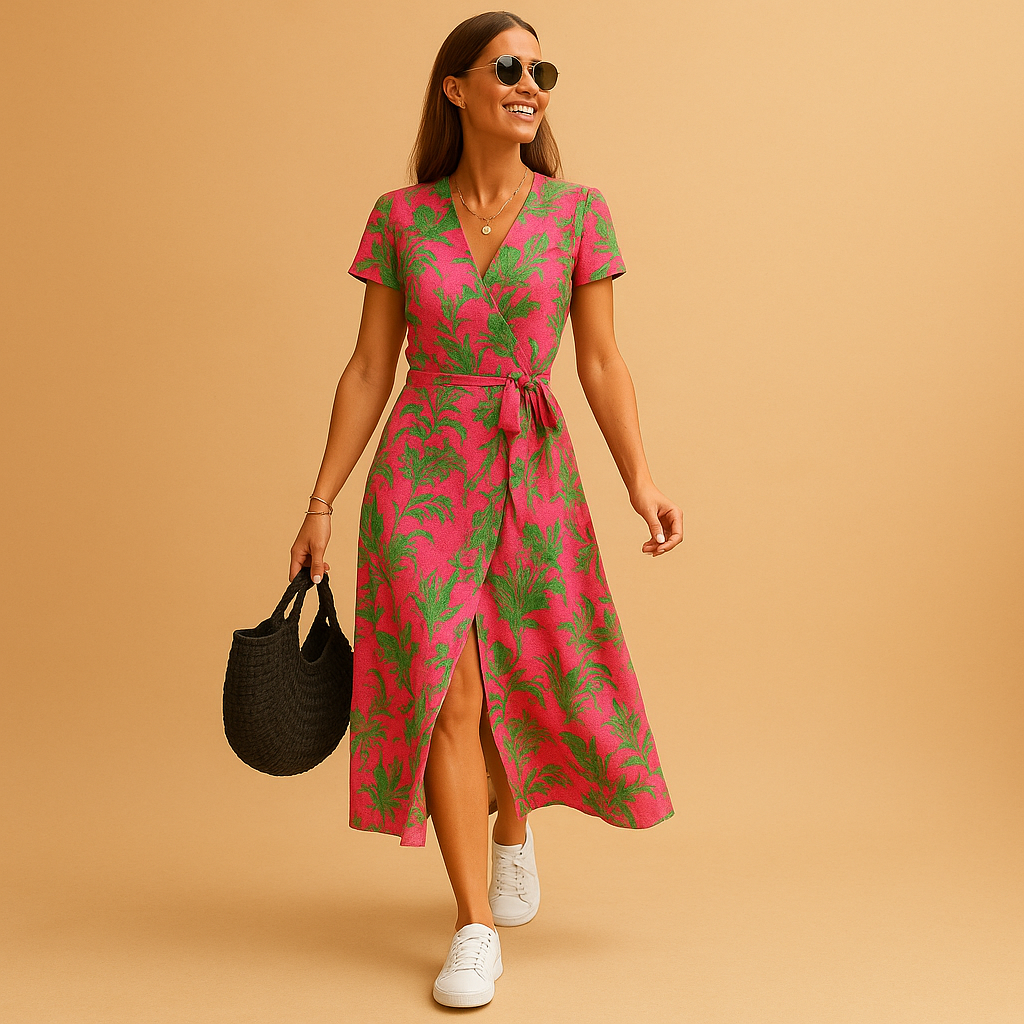 Women’s A-line summer dress with puff sleeves, V-neck, and button details, perfect for spring, summer, and casual chic occasions.