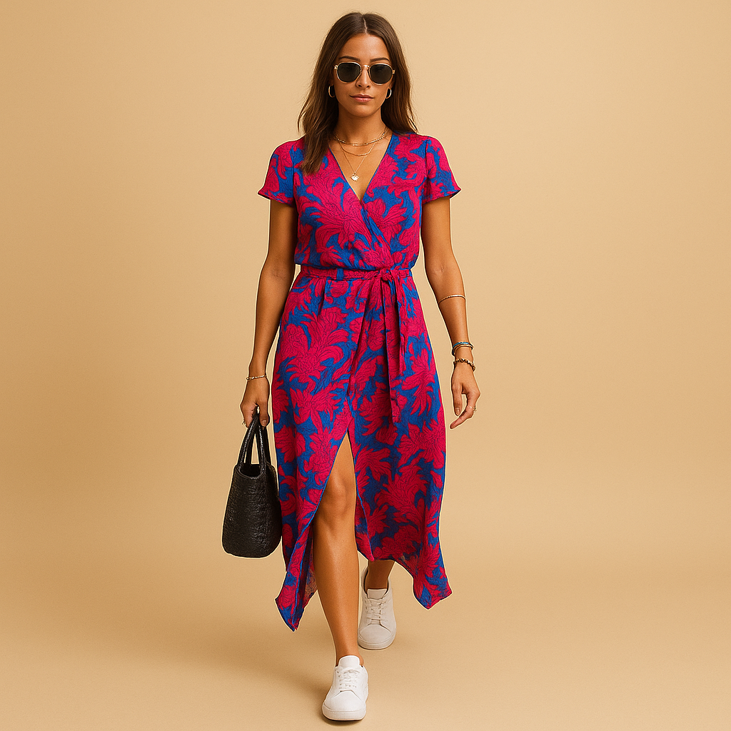 Women’s A-line summer dress with puff sleeves, V-neck, and button details, perfect for spring, summer, and casual chic occasions.