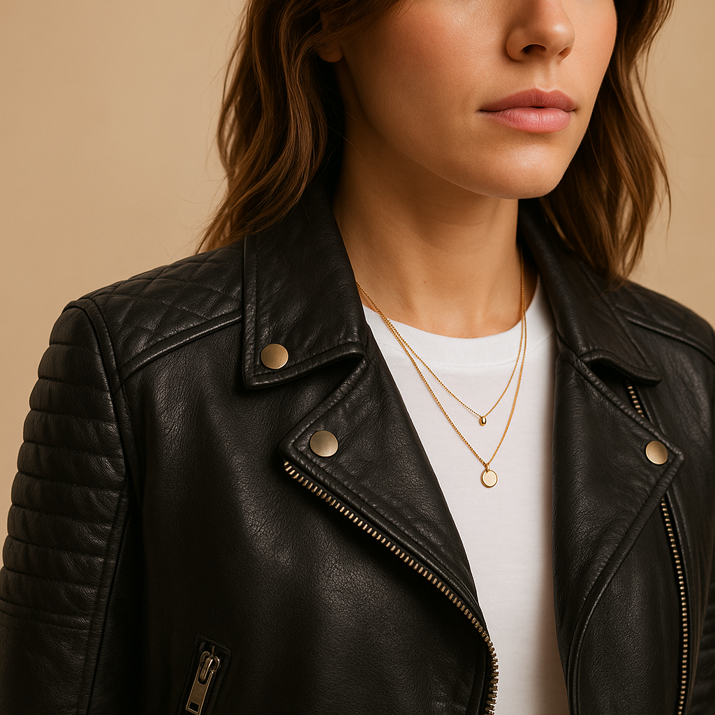 Women’s black faux leather jacket with tailored fit, classic collar, and zipper closure. Perfect for casual wear or chic seasonal outfits.