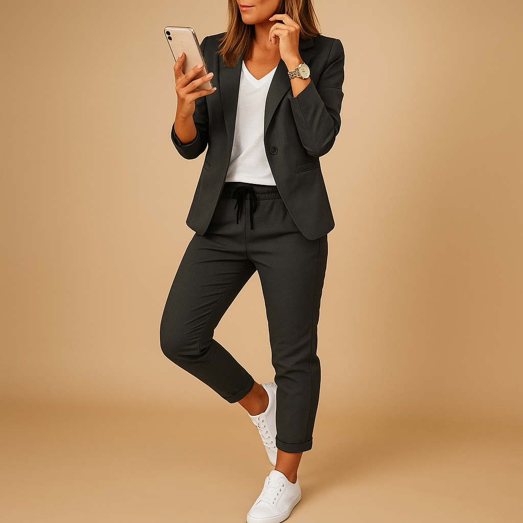 Elegant women’s blazer and trouser set with tailored fit, available in Lavender, Black, Beige, Dark Grey, and Auburn. Perfect for work or formal occasions.