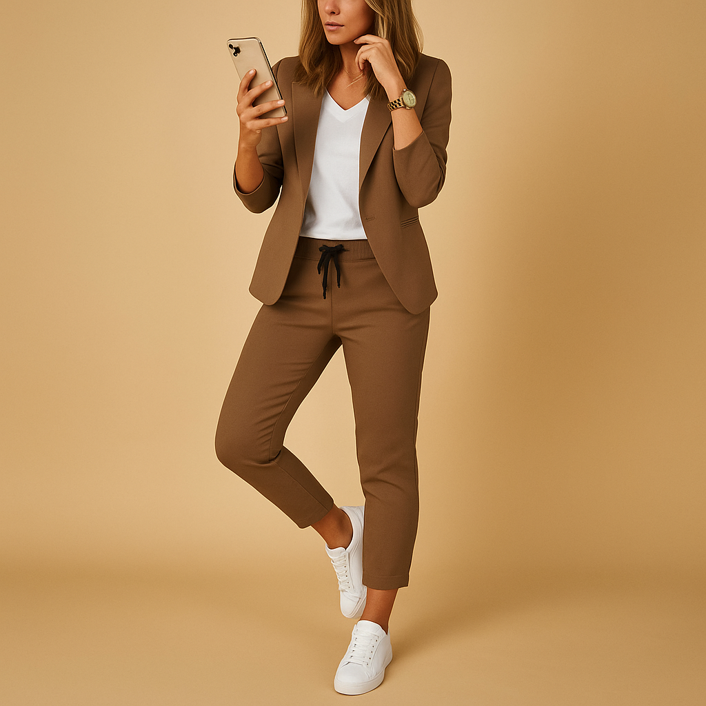 Elegant women’s blazer and trouser set with tailored fit, available in Lavender, Black, Beige, Dark Grey, and Auburn. Perfect for work or formal occasions.