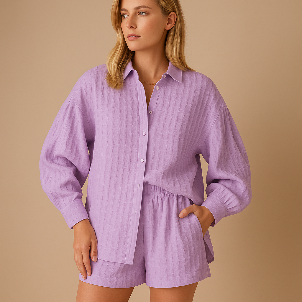 Women’s summer set with short-sleeve blouse and matching shorts, ideal for beach days, vacations, or casual summer outings.