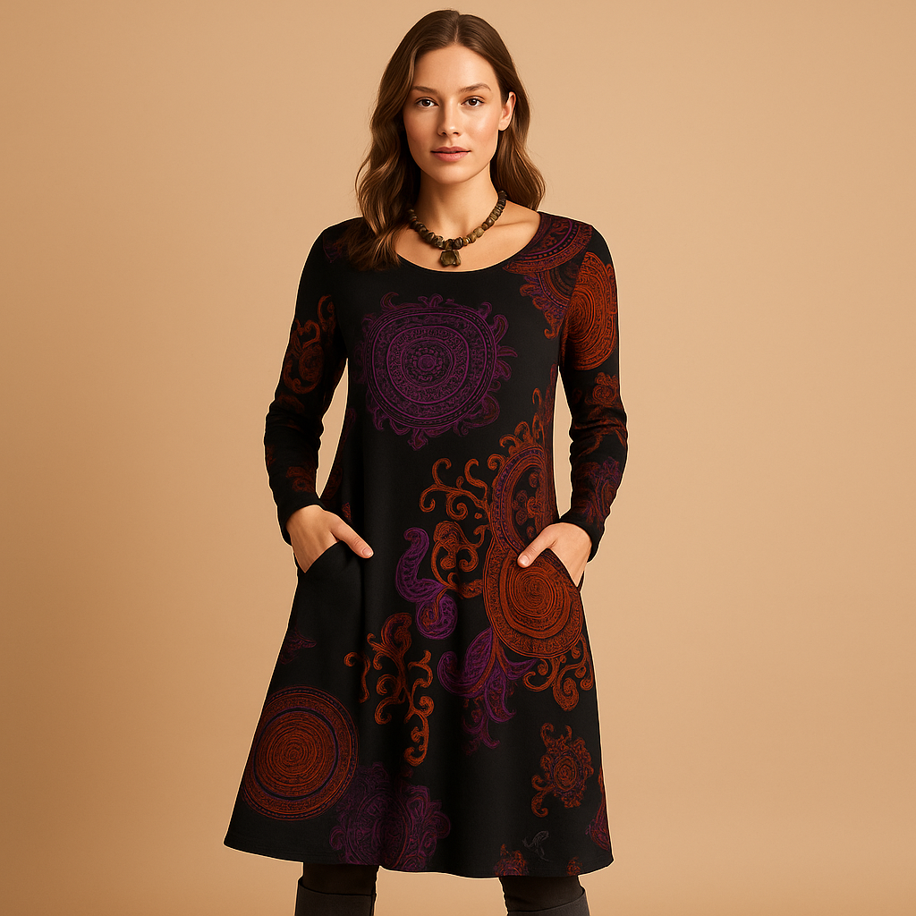 Bohemian maxi dress for women with long sleeves and pockets, perfect for casual days and relaxed evening looks.