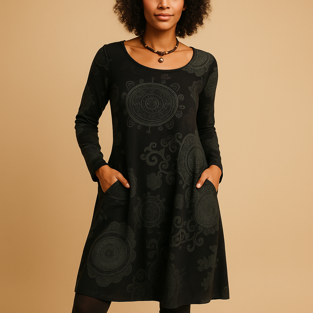 Bohemian maxi dress for women with long sleeves and pockets, perfect for casual days and relaxed evening looks.