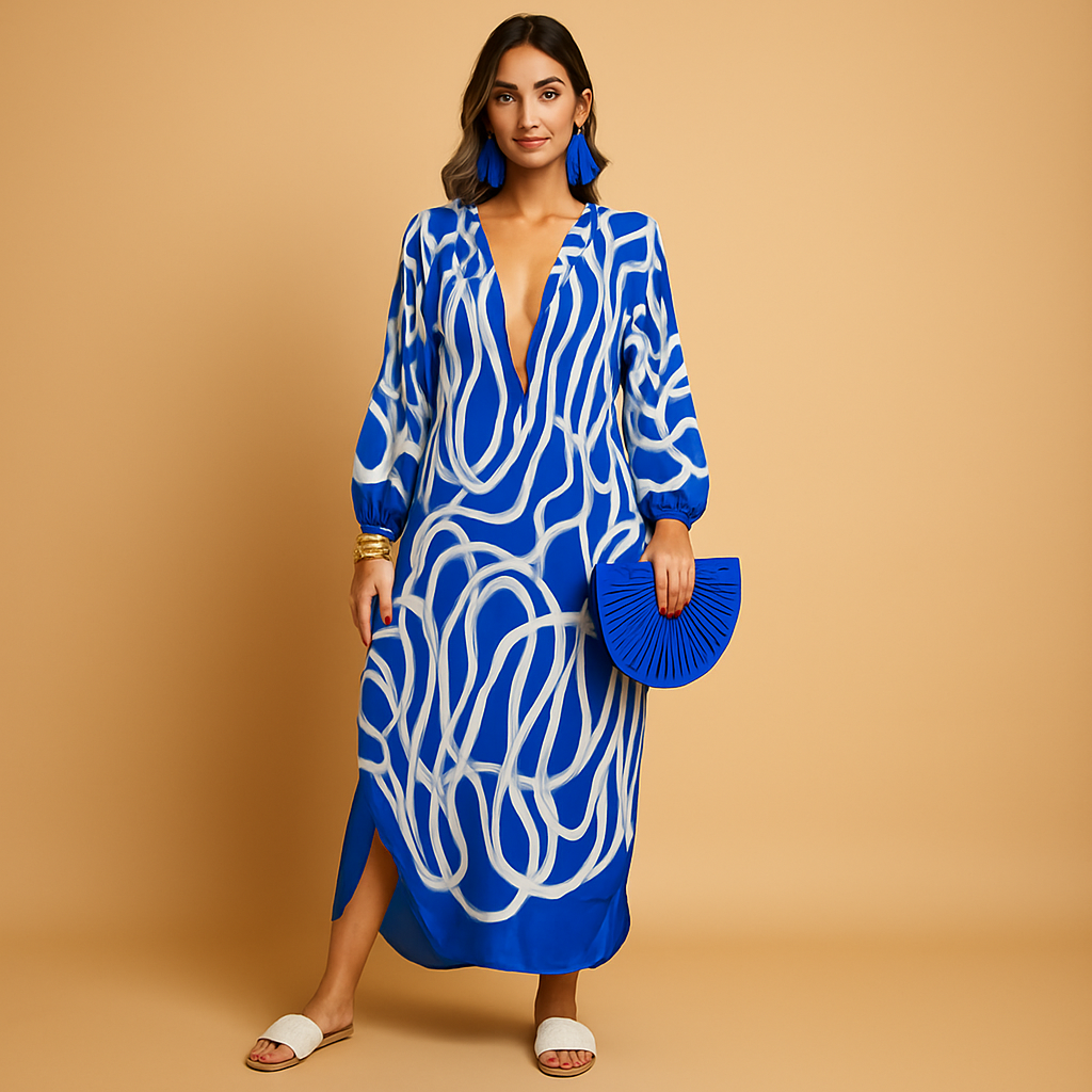 Women’s boho maxi dress with long sleeves and a loose, flowy fit, perfect for summer festivals, beach days, and casual wear.