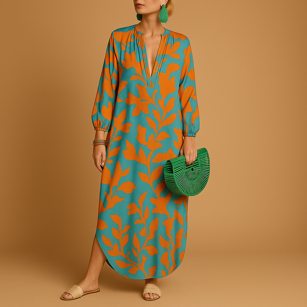 Women’s boho maxi dress with long sleeves and a loose, flowy fit, perfect for summer festivals, beach days, and casual wear.