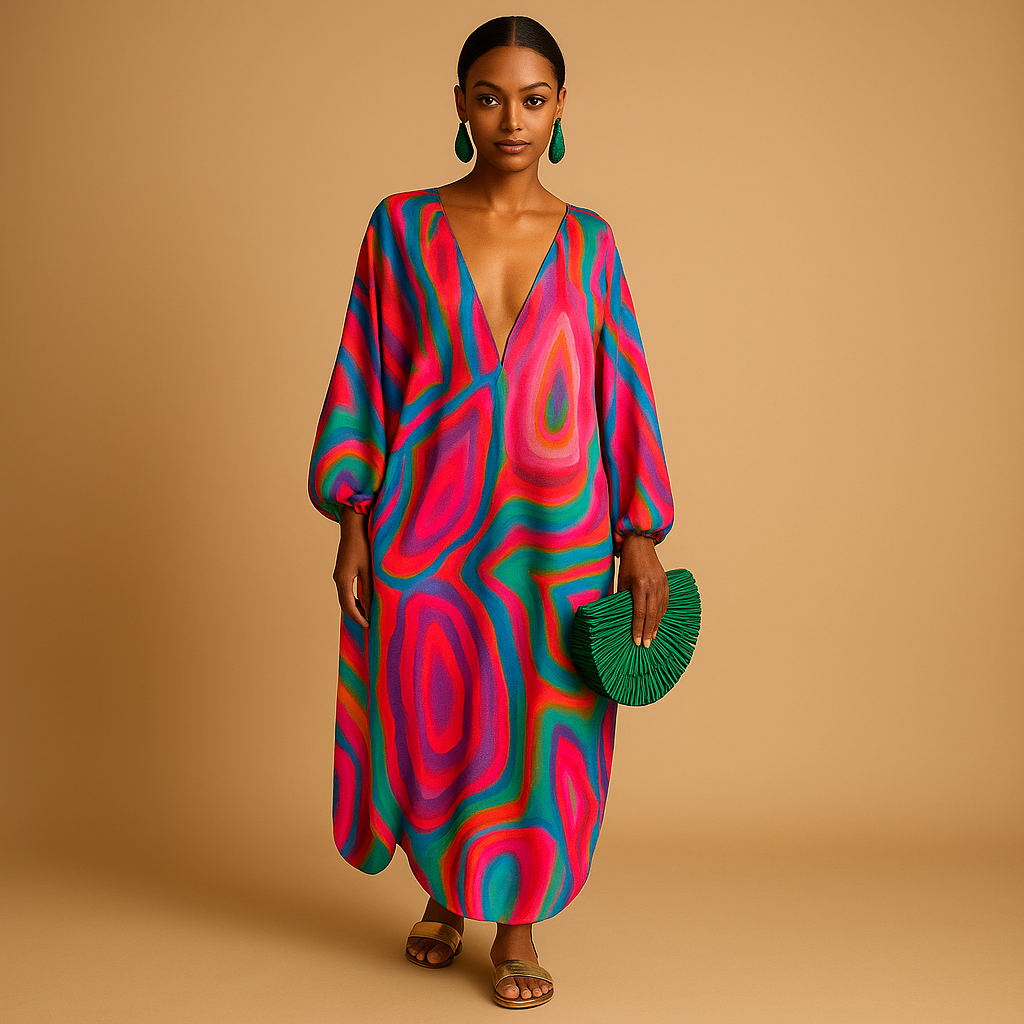 Women’s boho maxi dress with long sleeves and a loose, flowy fit, perfect for summer festivals, beach days, and casual wear.