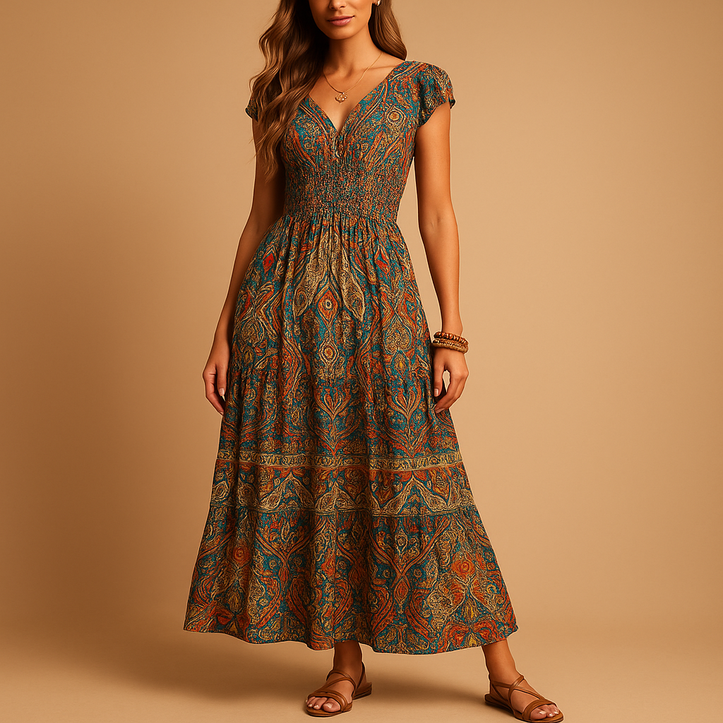 Women’s boho maxi summer dress with high waist and flowy design, available in vibrant colours, perfect for festivals, beach days, and casual outings.