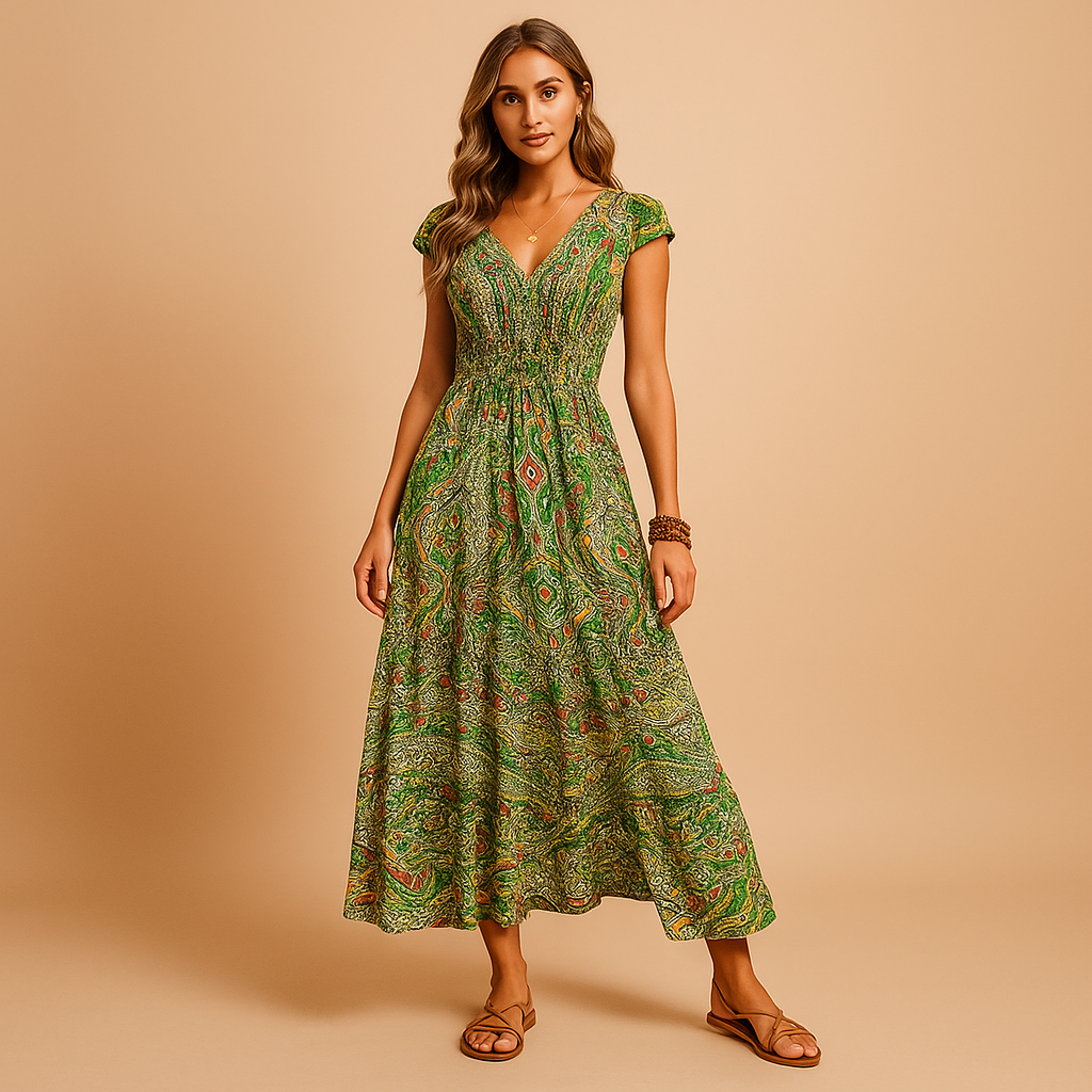 Women’s boho maxi summer dress with high waist and flowy design, available in vibrant colours, perfect for festivals, beach days, and casual outings.