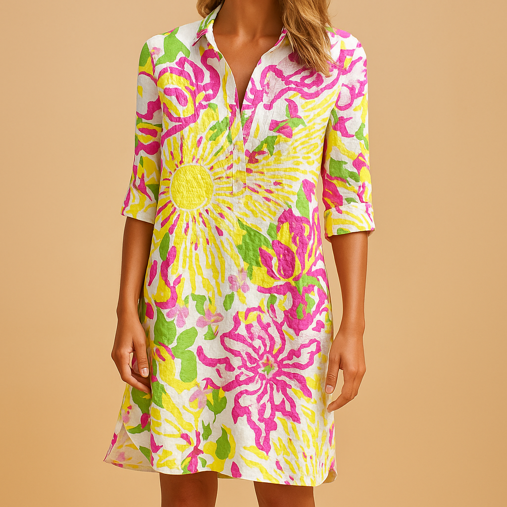 Boho summer dress with V-neck for women in a relaxed fit and lightweight fabric, perfect for beach walks, brunches, and casual summer days.