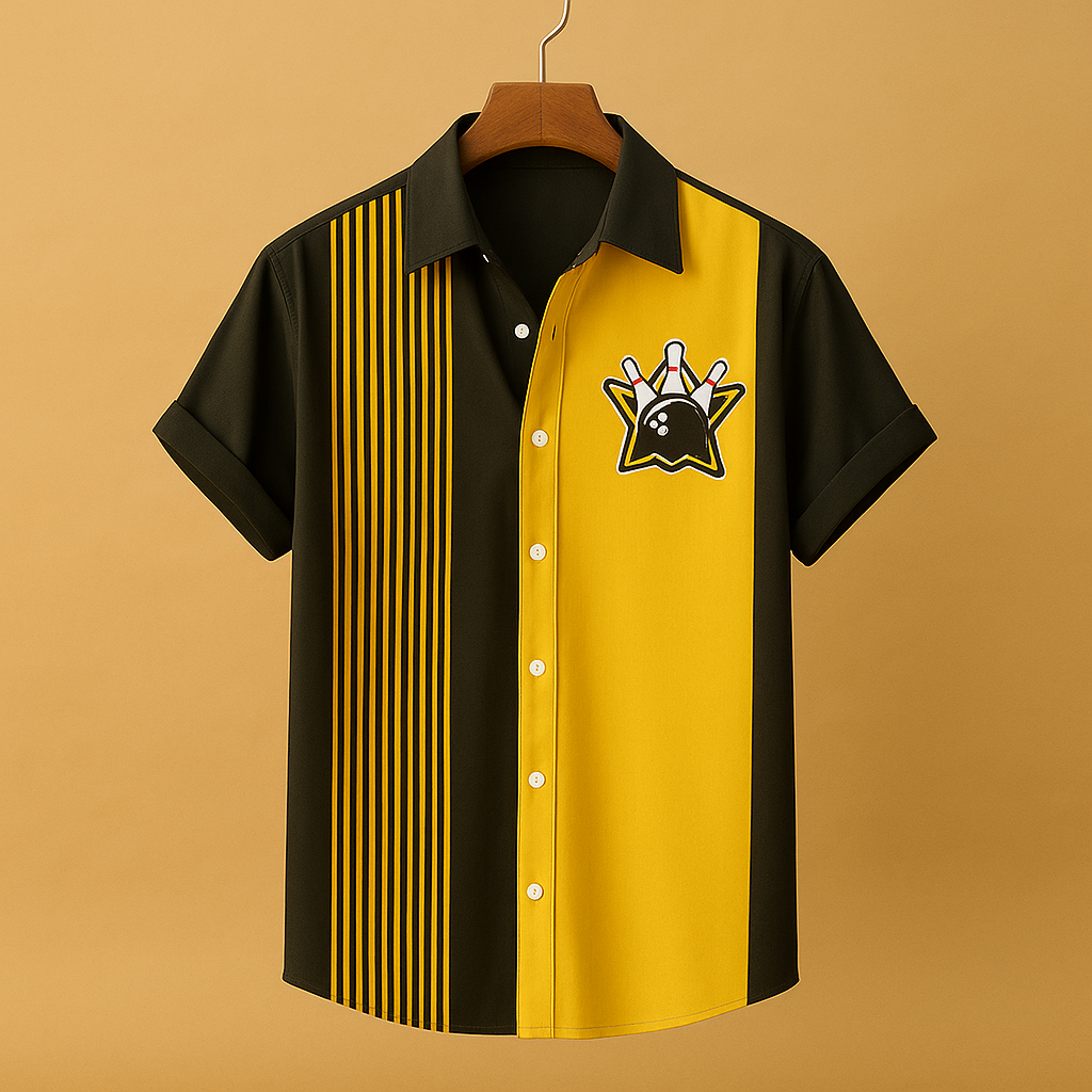 Men’s bowling print polo shirt with breathable fabric, relaxed fit, and classic collar design, perfect for casual wear and sporty occasions.