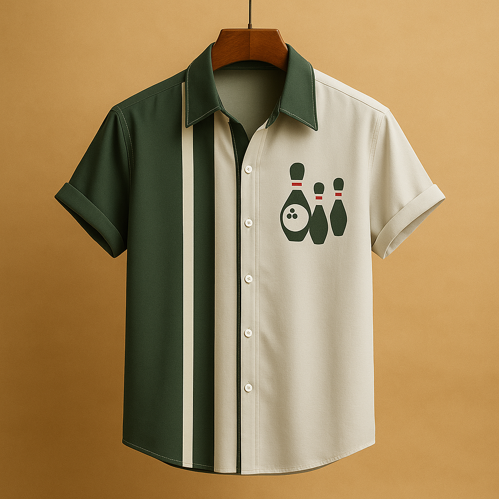 Men’s bowling print polo shirt with breathable fabric, relaxed fit, and classic collar design, perfect for casual wear and sporty occasions.