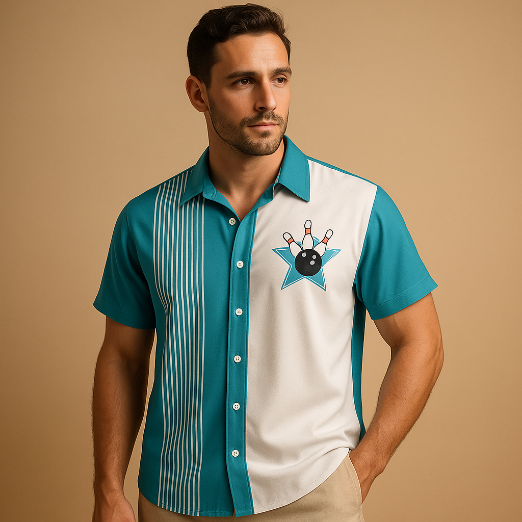Men’s bowling print polo shirt with breathable fabric, relaxed fit, and classic collar design, perfect for casual wear and sporty occasions.