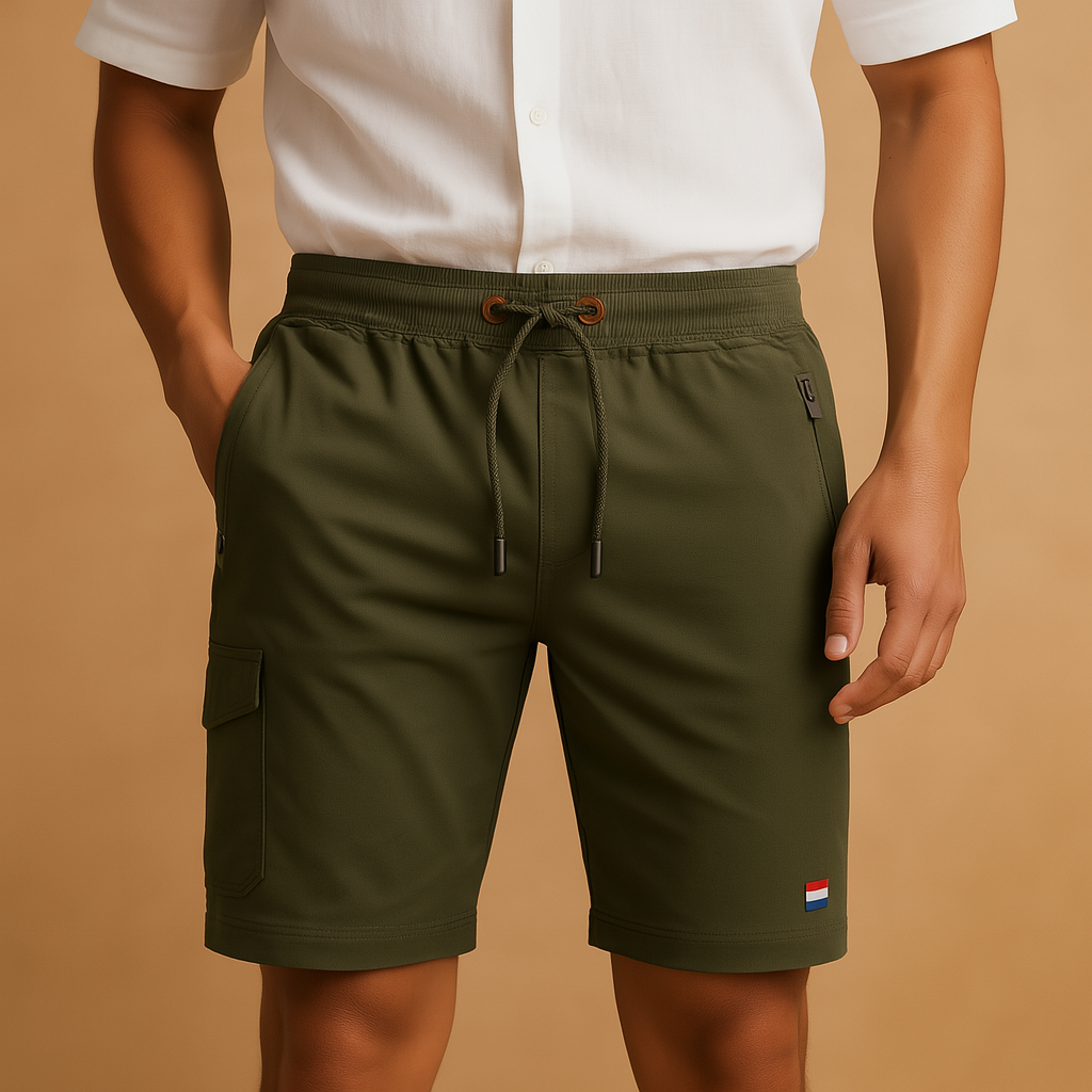 Men’s breathable sports shorts with elastic waistband, multiple pockets, and lightweight design, perfect for daily wear, travel, and outdoor activities.