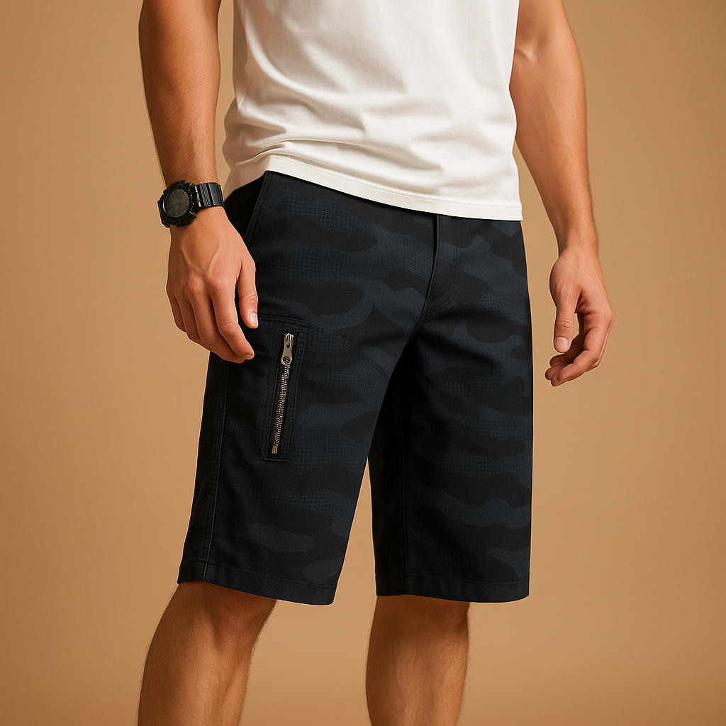 Men’s camouflage cargo shorts with loose fit and multiple pockets, breathable and durable, perfect for hiking, camping, and everyday summer wear.