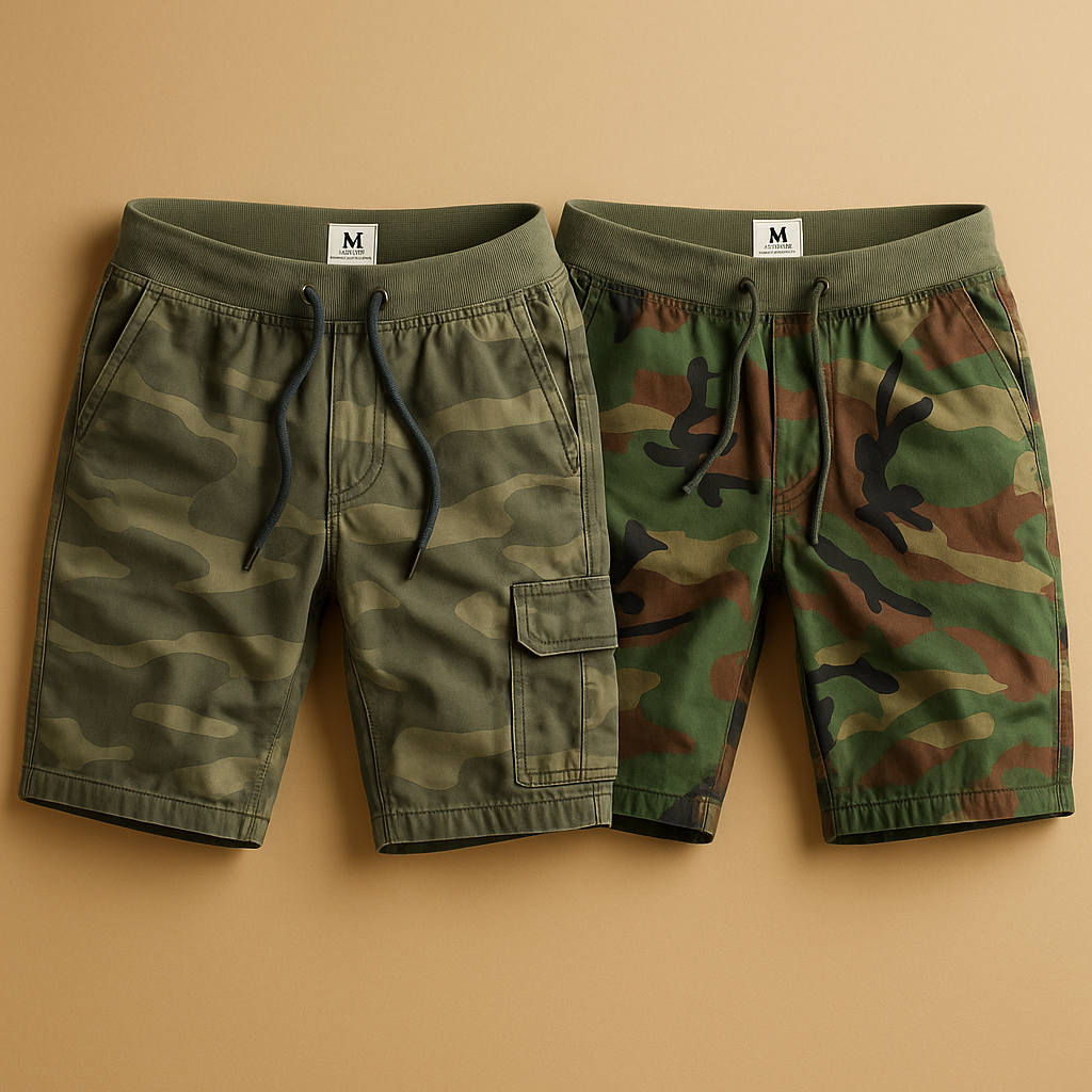 Men’s camouflage cotton shorts, lightweight and breathable with a comfortable fit, perfect for outdoor activities, hiking, and casual summer outfits.