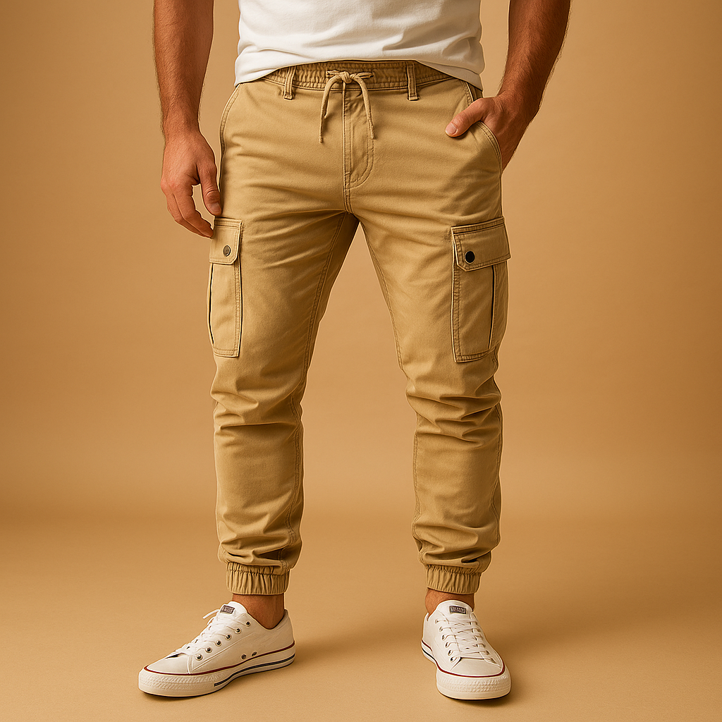 Men’s cargo pants with straight-leg fit, durable lightweight fabric, and multiple Velcro pockets, perfect for casual wear and outdoor activities.