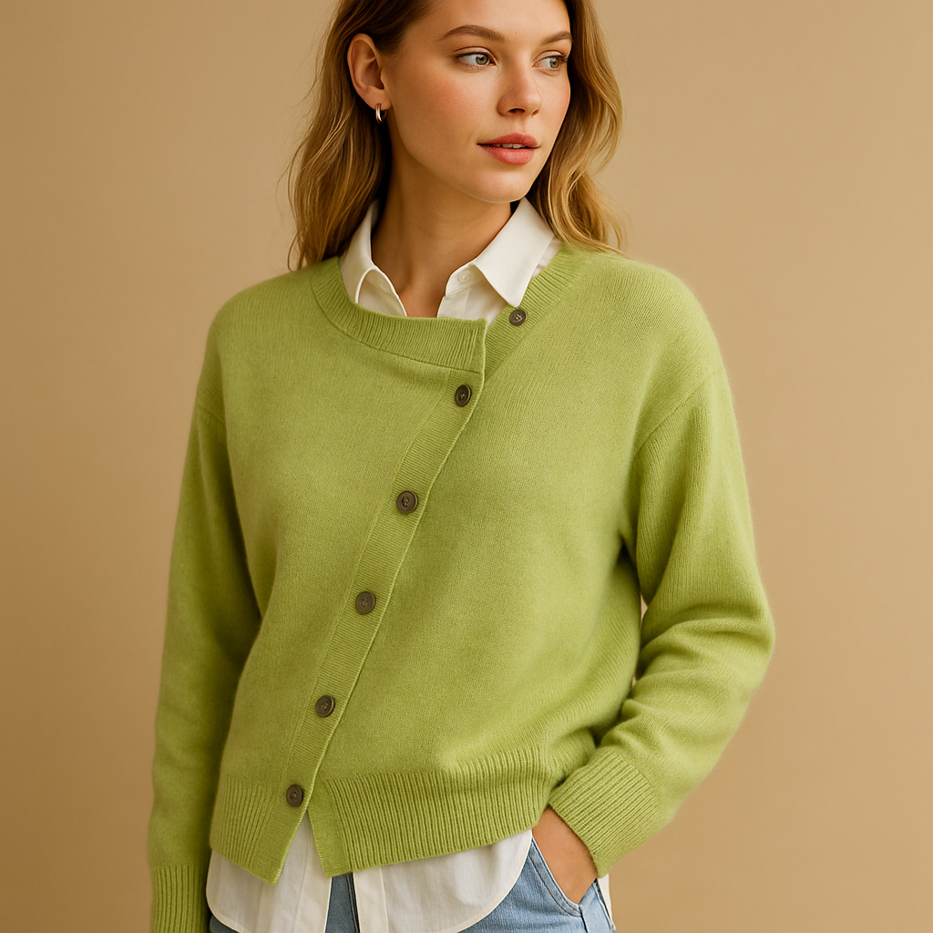Women’s cashmere wrap cardigan with asymmetrical button closure, soft texture, and elegant fit. Perfect for chic evening wear or cozy casual looks.