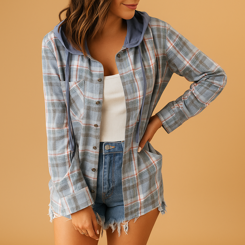 Stylish casual button-up jacket for women with chest pocket and buttoned cuffs, perfect for daily wear and casual street style.