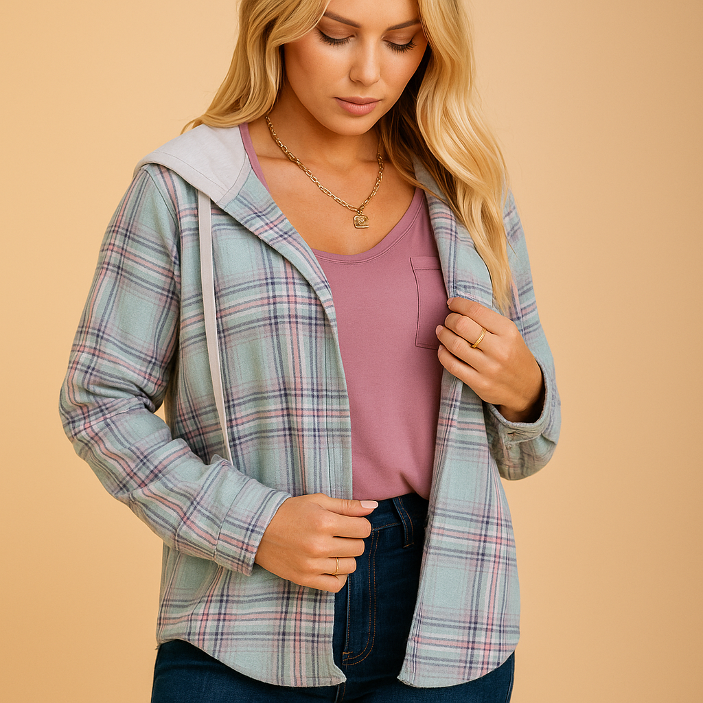 Stylish casual button-up jacket for women with chest pocket and buttoned cuffs, perfect for daily wear and casual street style.