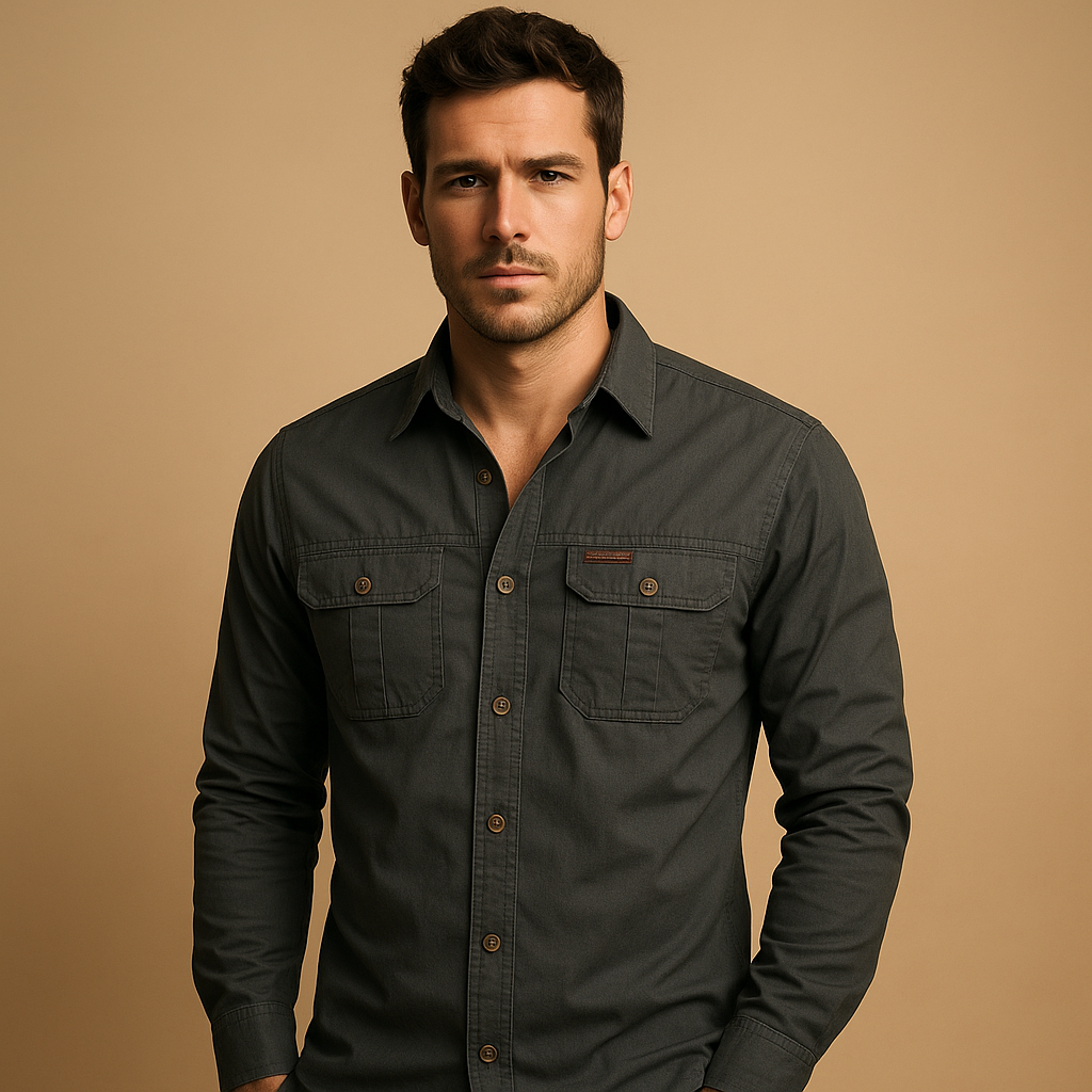 Men’s casual cotton cargo shirt with relaxed fit and chest pockets, available in Red, Army Green, Black, Khaki, Navy Blue, Dark Grey, and Off-White. Perfect for outdoor and casual wear.