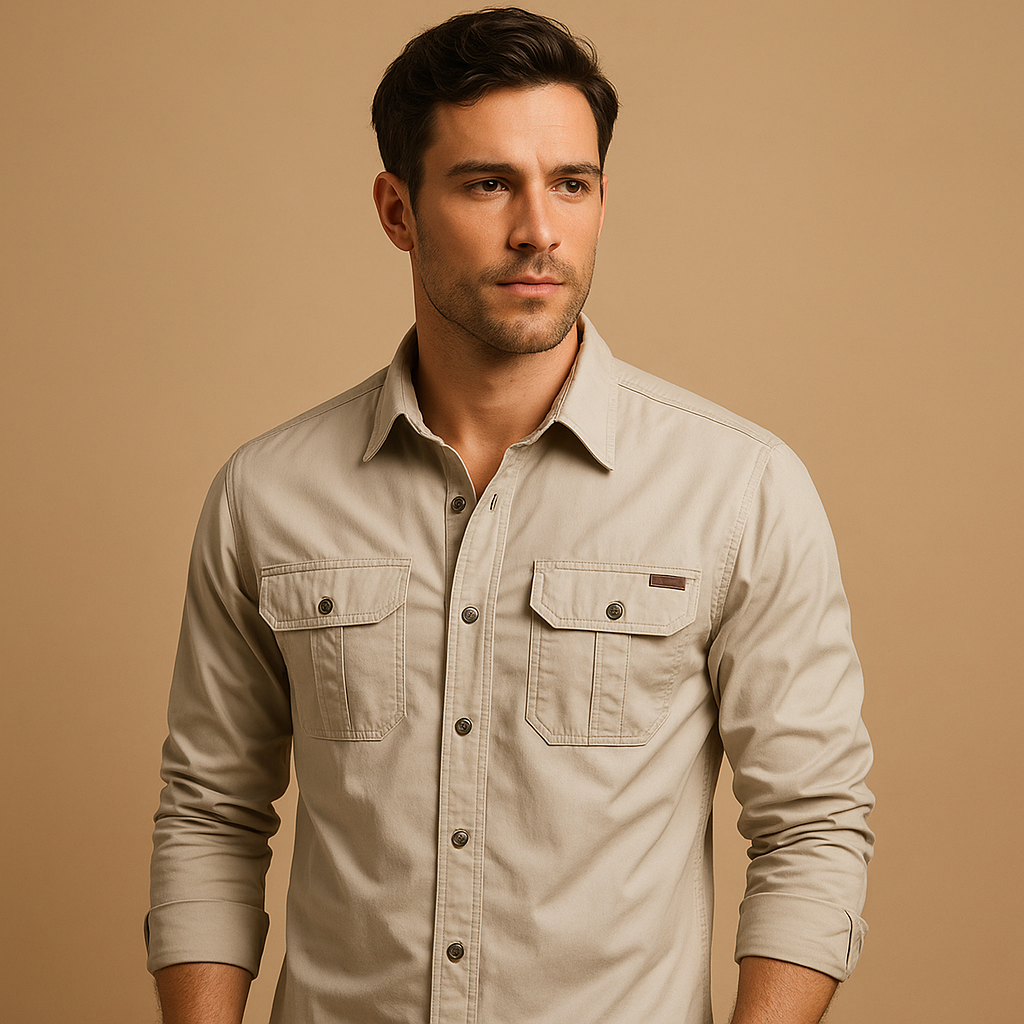 Men’s casual cotton cargo shirt with relaxed fit and chest pockets, available in Red, Army Green, Black, Khaki, Navy Blue, Dark Grey, and Off-White. Perfect for outdoor and casual wear.