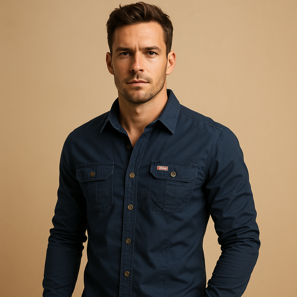 Men’s casual cotton cargo shirt with relaxed fit and chest pockets, available in Red, Army Green, Black, Khaki, Navy Blue, Dark Grey, and Off-White. Perfect for outdoor and casual wear.