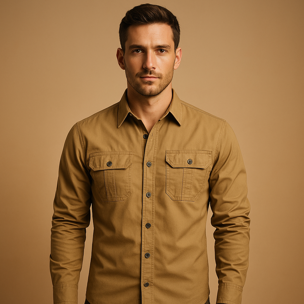 Men’s casual cotton cargo shirt with relaxed fit and chest pockets, available in Red, Army Green, Black, Khaki, Navy Blue, Dark Grey, and Off-White. Perfect for outdoor and casual wear.
