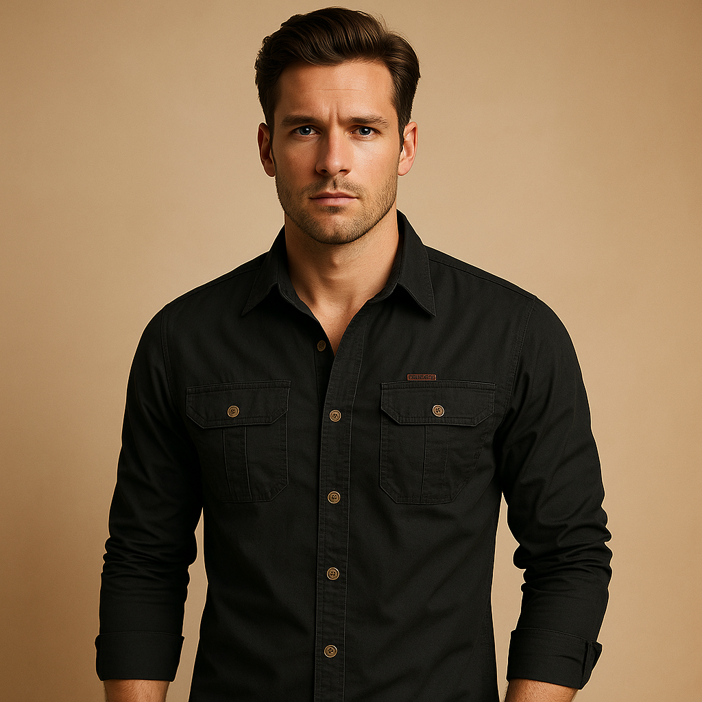 Men’s casual cotton cargo shirt with relaxed fit and chest pockets, available in Red, Army Green, Black, Khaki, Navy Blue, Dark Grey, and Off-White. Perfect for outdoor and casual wear.