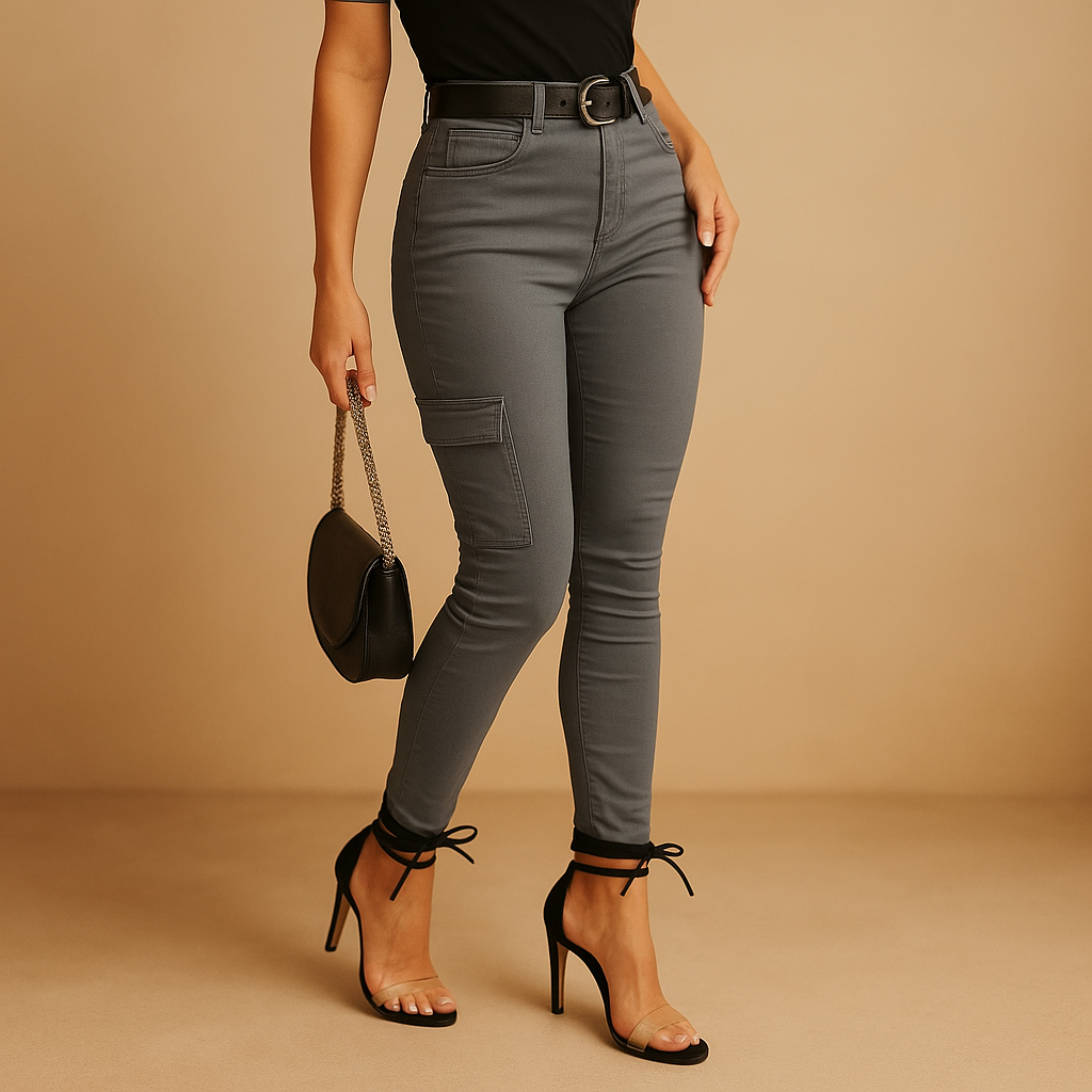 Casual cotton cargo trousers for women with elastic ankles and side pockets, available in grey, green, and black for everyday outfits.