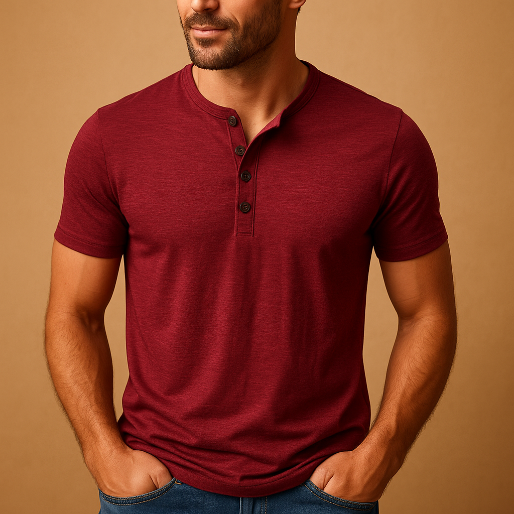 Men’s casual cotton T-shirt with regular fit, crew neck, and short sleeves. Available in army green, black, blue, khaki, white, and burgundy.