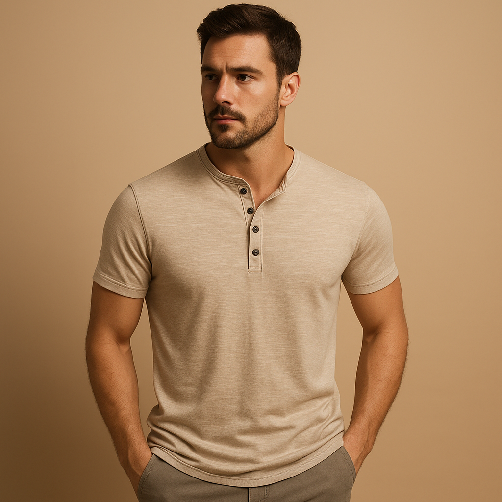 Men’s casual cotton T-shirt with regular fit, crew neck, and short sleeves. Available in army green, black, blue, khaki, white, and burgundy.