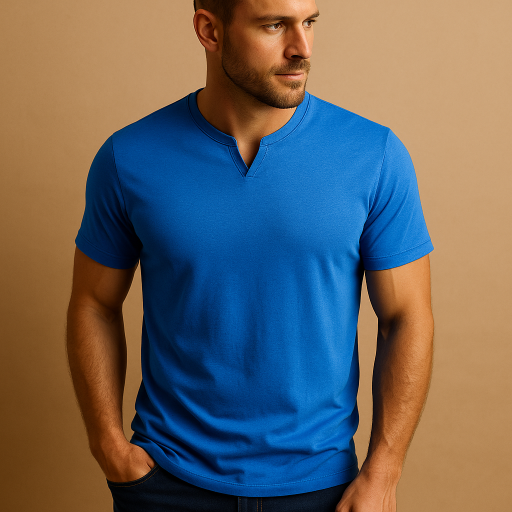 Men’s casual cotton T-shirt with regular fit, crew neck, and short sleeves. Available in army green, black, blue, khaki, white, and burgundy.