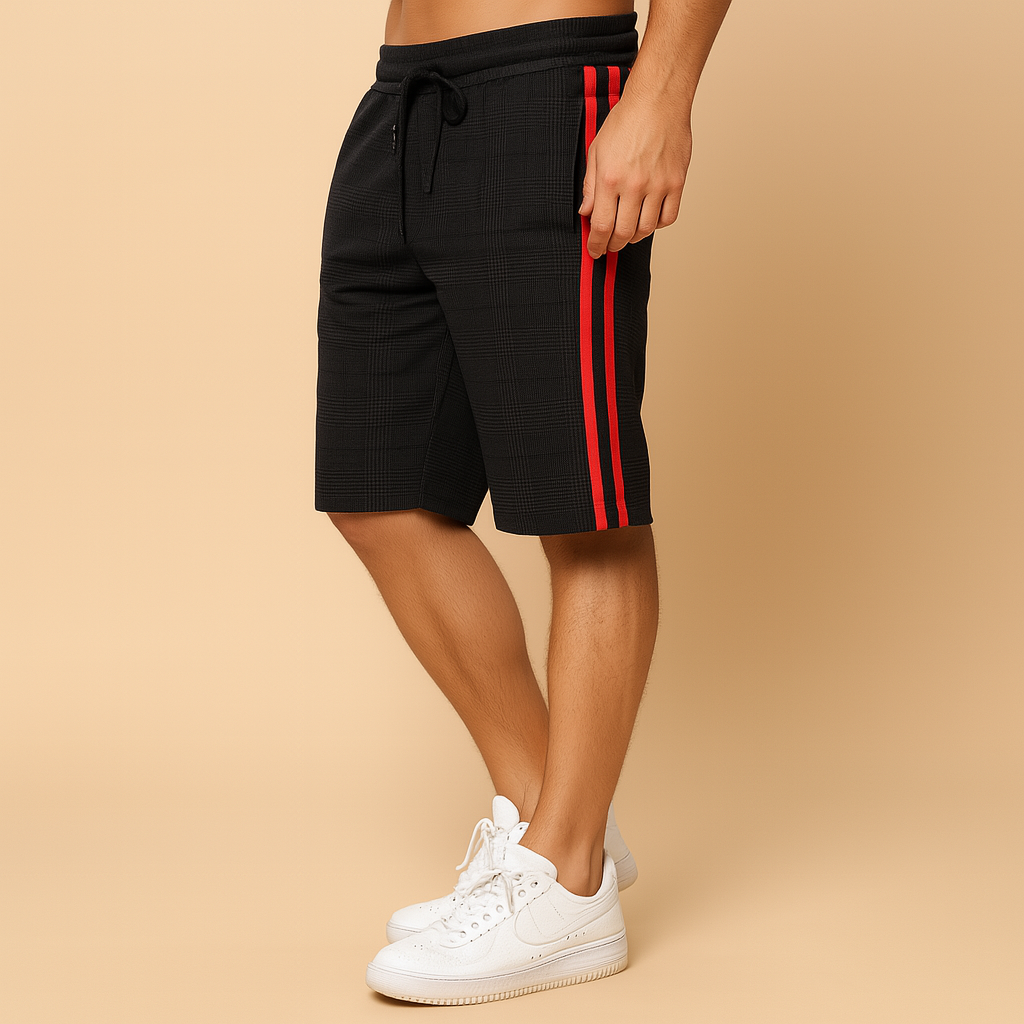 Men’s casual everyday shorts with elastic waistband and tapered leg, available in black, beige, blue-grey, and army green. Breathable and versatile.