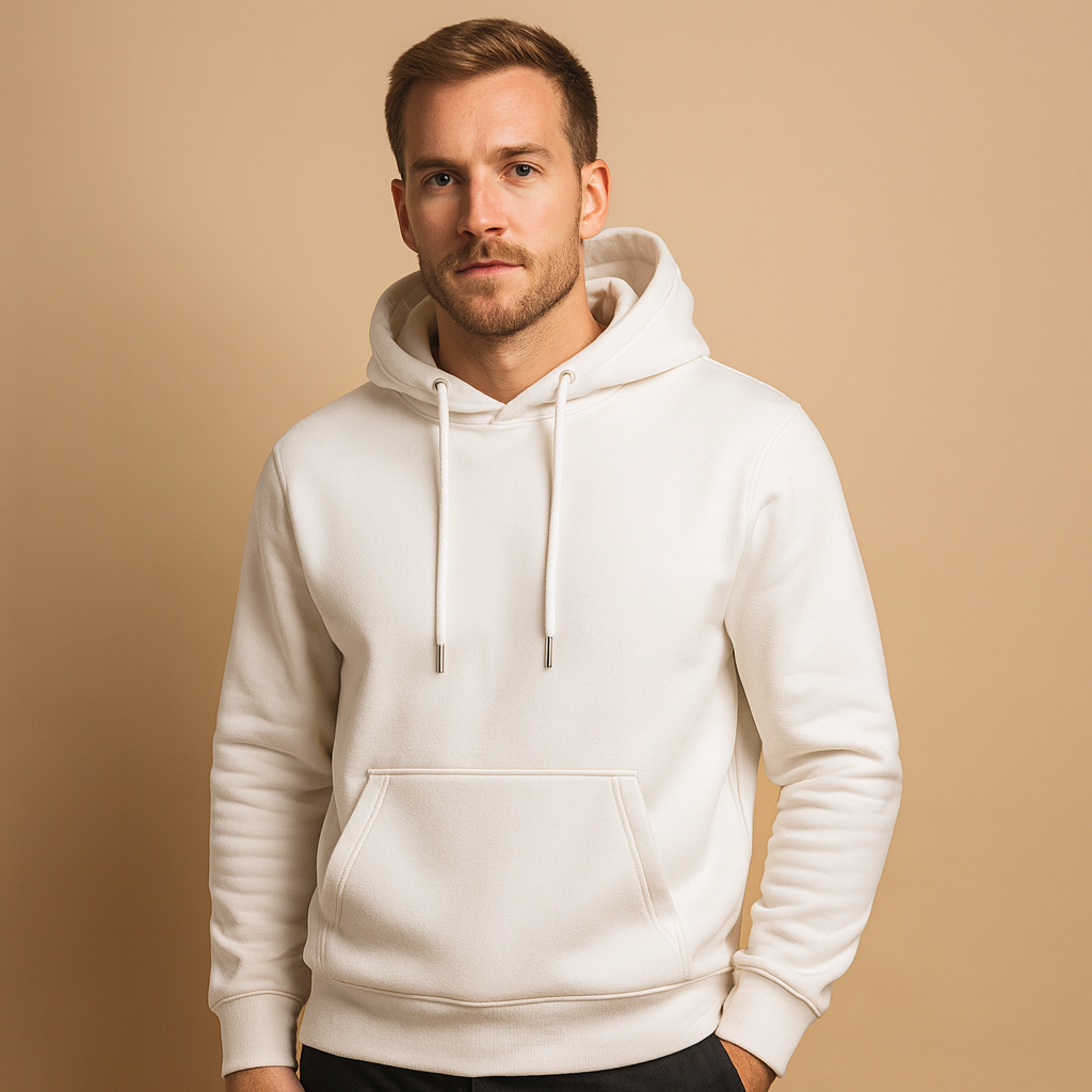 Men’s casual hoodie with kangaroo pocket and adjustable hood, ideal for everyday comfort and versatile casual style.