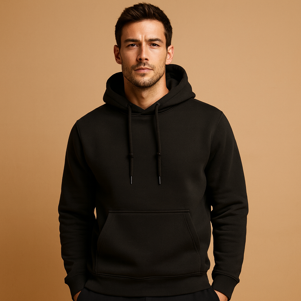 Men’s casual hoodie with kangaroo pocket and adjustable hood, ideal for everyday comfort and versatile casual style.