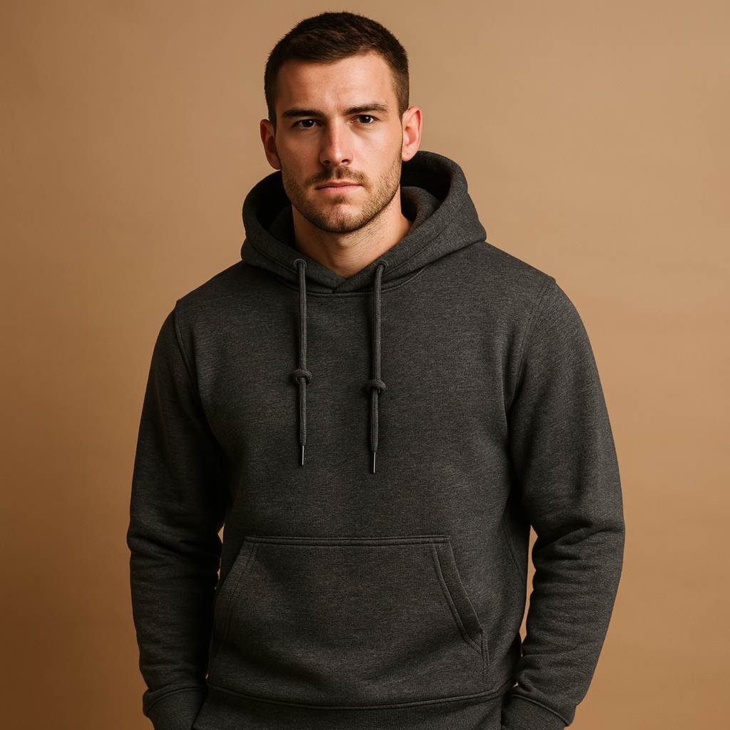 Men’s casual hoodie with kangaroo pocket and adjustable hood, ideal for everyday comfort and versatile casual style.