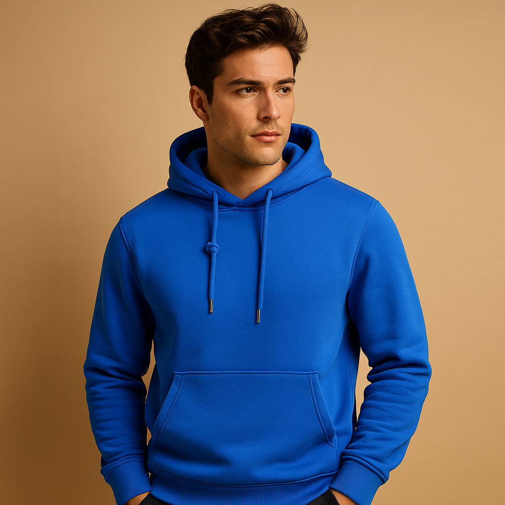 Men’s casual hoodie with kangaroo pocket and adjustable hood, ideal for everyday comfort and versatile casual style.