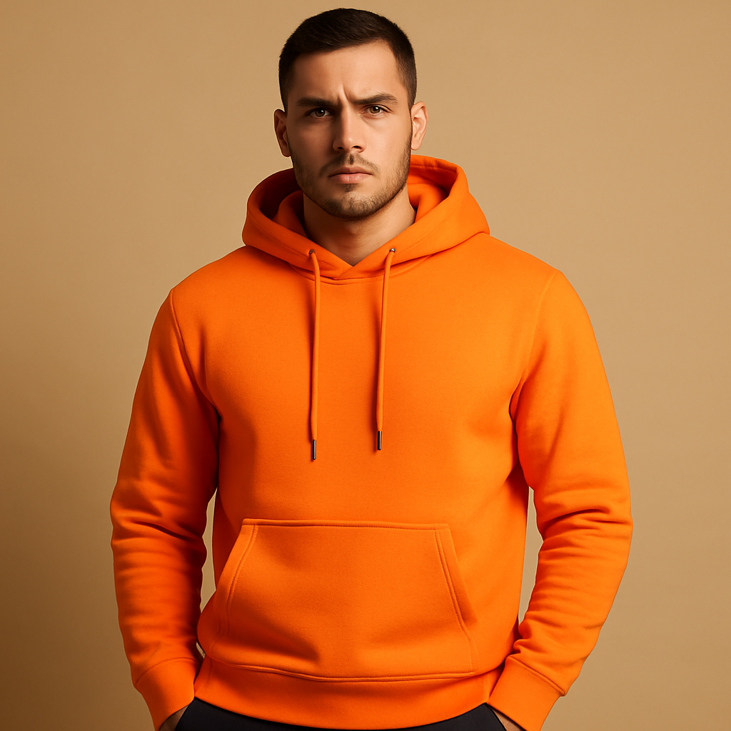 Men’s casual hoodie with kangaroo pocket and adjustable hood, ideal for everyday comfort and versatile casual style.