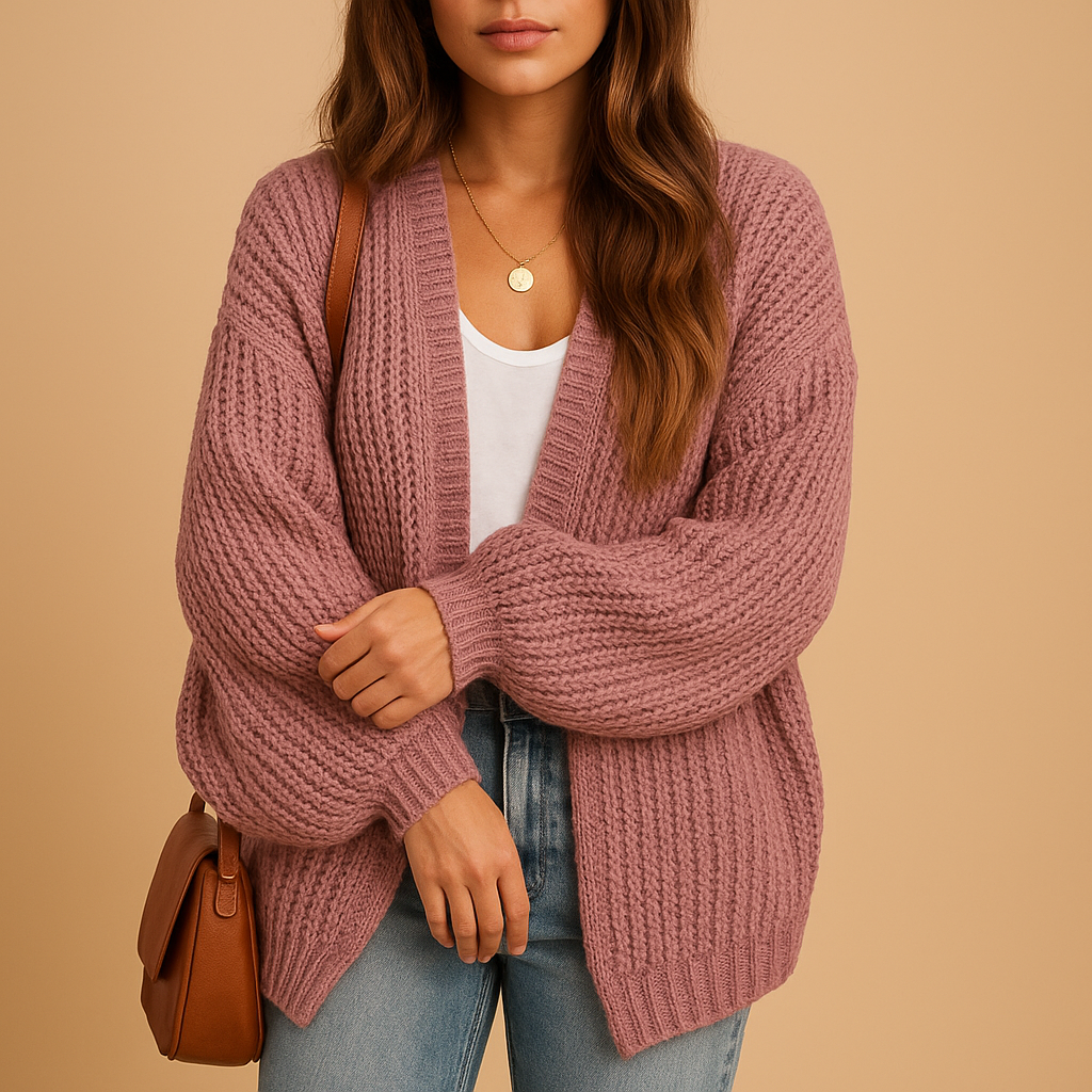 Casual knitted cardigan for women with relaxed fit, breathable fabric, and open front design, available in Black, Coffee, Grey, Pink, and White.