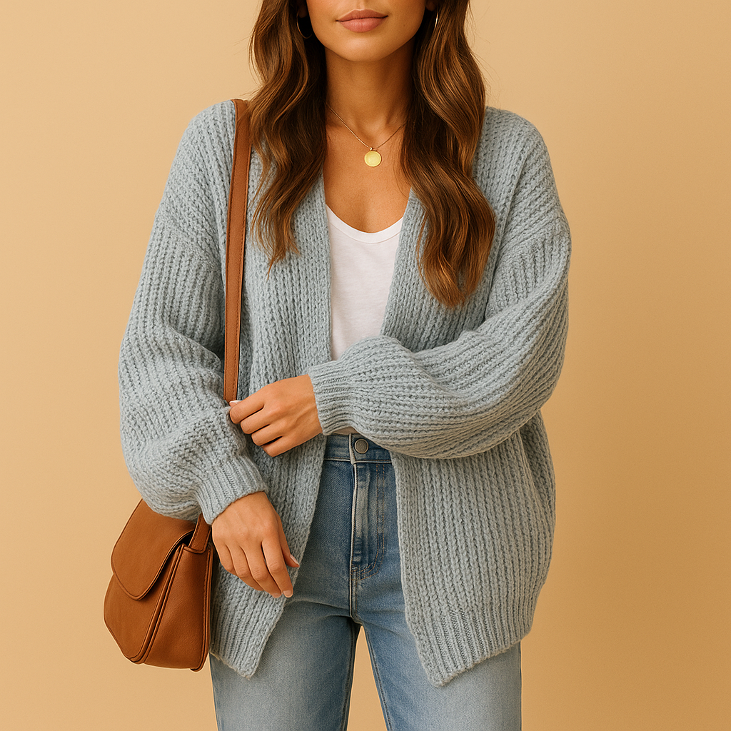 Casual knitted cardigan for women with relaxed fit, breathable fabric, and open front design, available in Black, Coffee, Grey, Pink, and White.