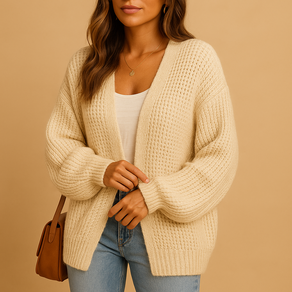 Casual knitted cardigan for women with relaxed fit, breathable fabric, and open front design, available in Black, Coffee, Grey, Pink, and White.