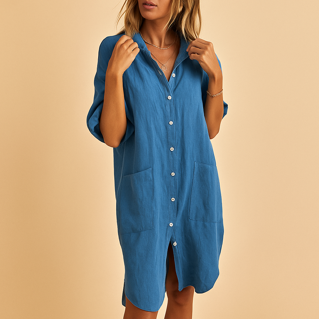 Women’s casual shirt dress with modern details and practical pockets, perfect for work, everyday wear, or a stylish evening look.