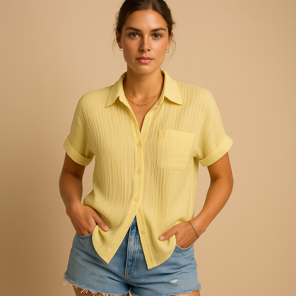 Women’s casual short-sleeve polo shirt with a classic collar and chest pocket, perfect for summer days, relaxed wear, and everyday comfort.
