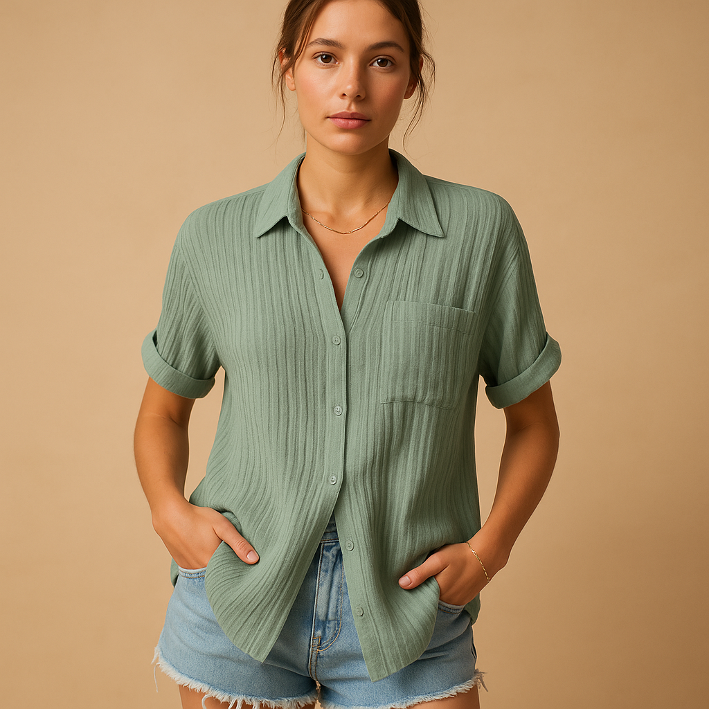 Women’s casual short-sleeve polo shirt with a classic collar and chest pocket, perfect for summer days, relaxed wear, and everyday comfort.