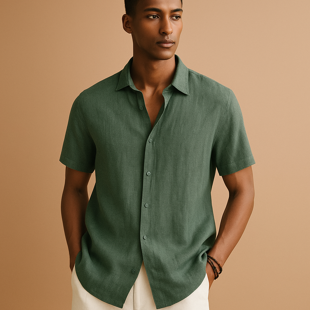 Men’s casual short sleeve summer shirt with classic collar, button details, and solid color design. Perfect for holidays, beach walks, or relaxed city days.