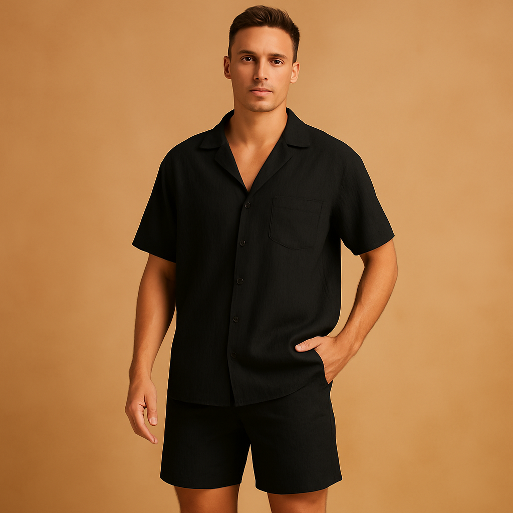 Men’s casual summer set with V-neck shirt, lapel collar, and elastic shorts. Relaxed fit, breathable fabric, available in Black, Grey, and Green.