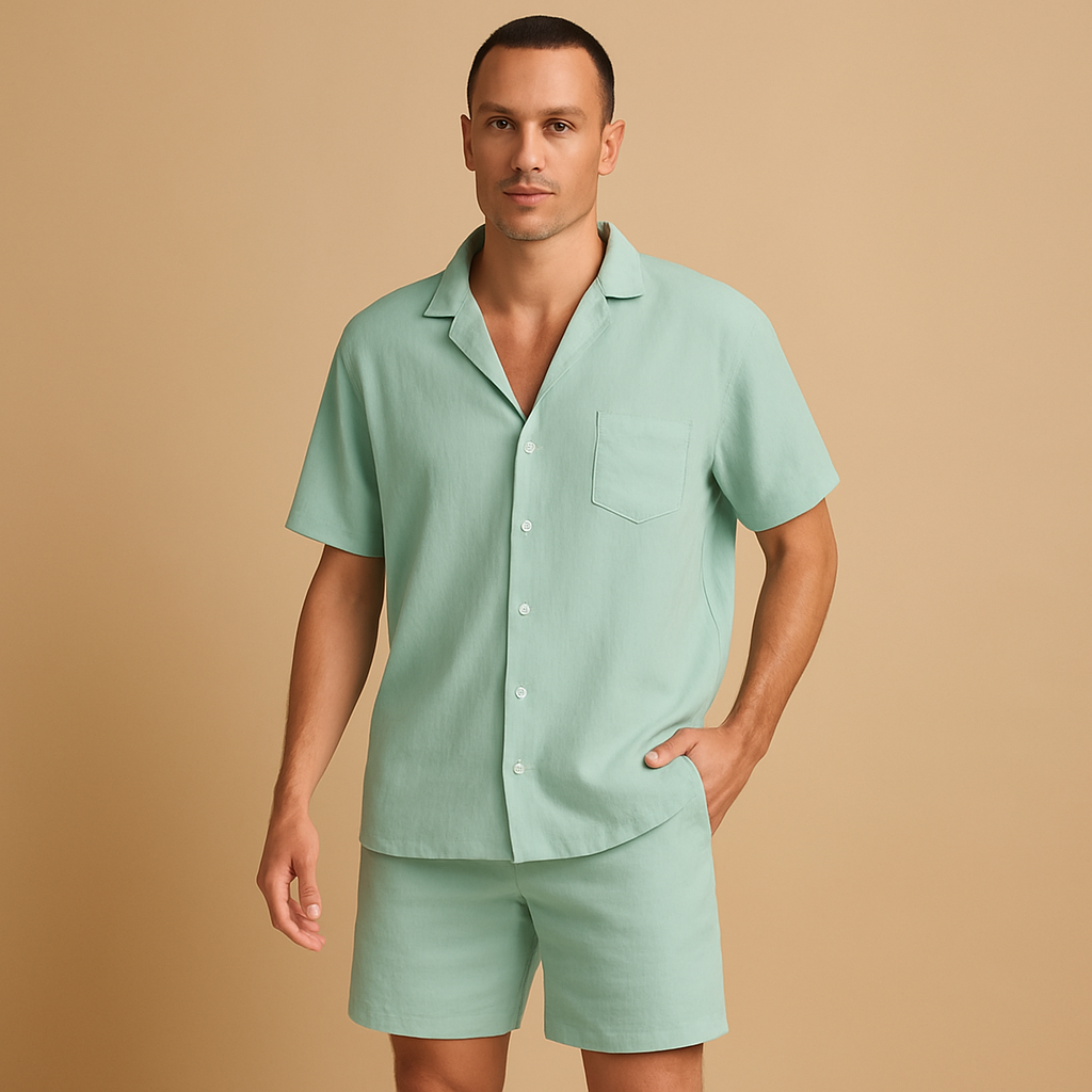 Men’s casual summer set with V-neck shirt, lapel collar, and elastic shorts. Relaxed fit, breathable fabric, available in Black, Grey, and Green.